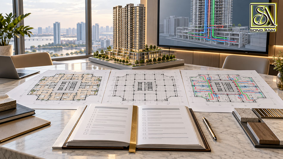 Hồ sơ nhiệm vụ thiết kế được đặt cạnh bản vẽ kiến trúc, kết cấu, MEP và mô hình phối hợp nhà cao tầng.